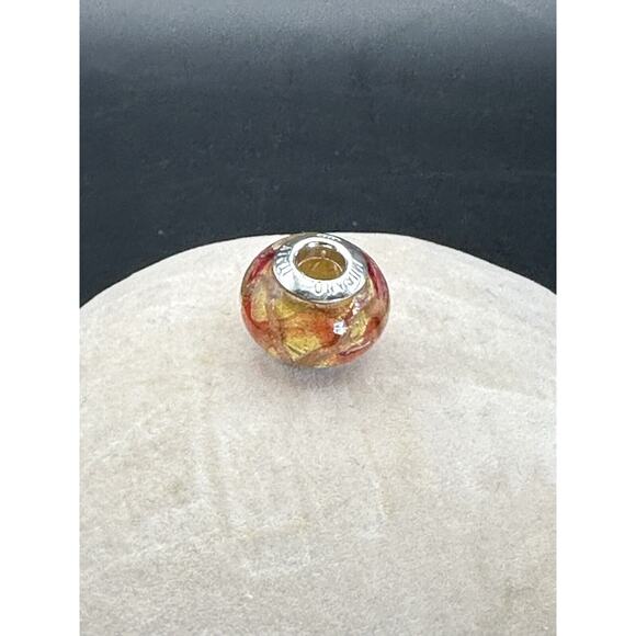 925 Sterling Murano Italy Glass Charm Bead Gold Swirl Orange Red - Picture 2 of 4